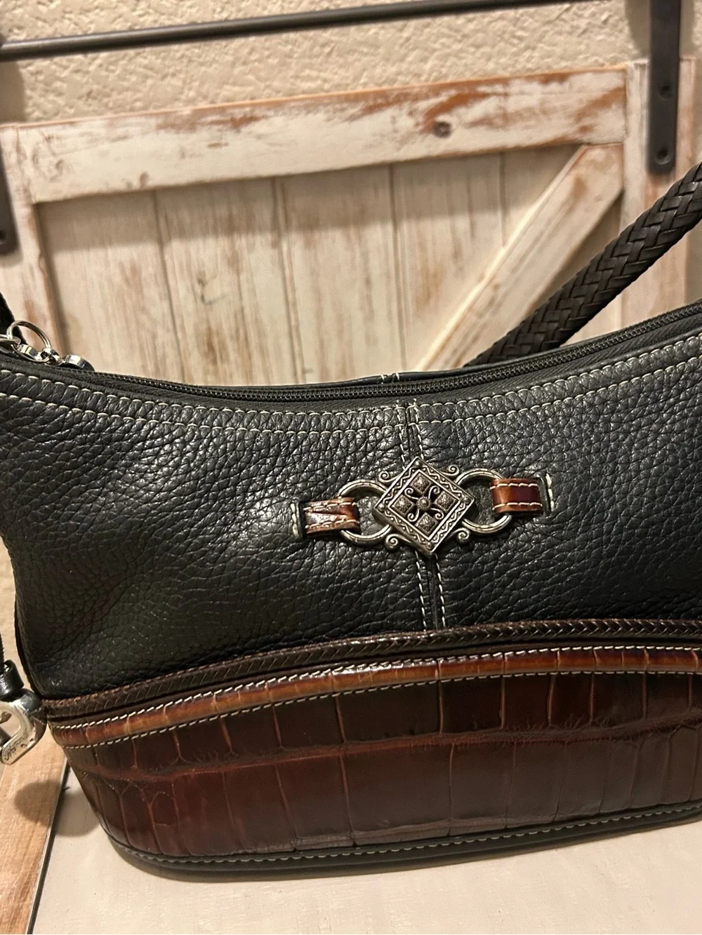 Brighton Vintage Black Pebbled Leather & Brown Croc Hobo Shoulder Bag Purse